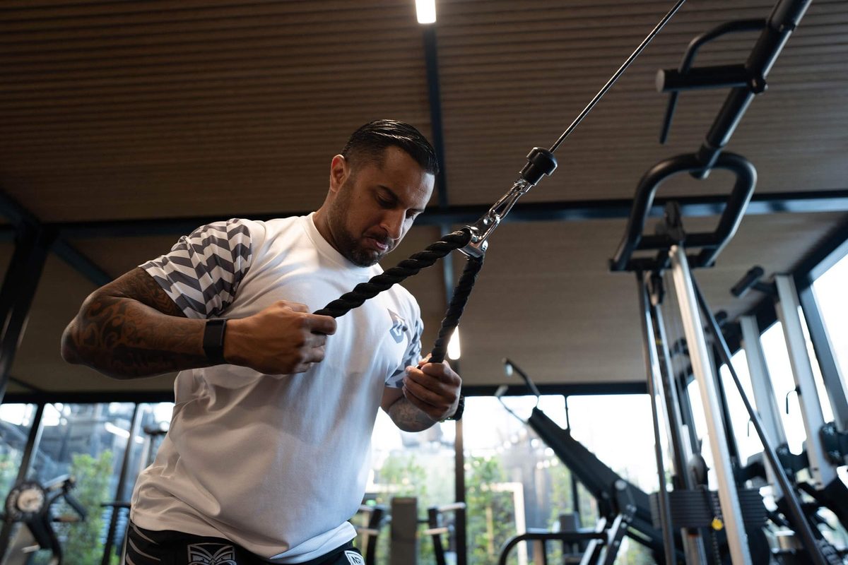 A cable-machine set on the Ballers fitness floor